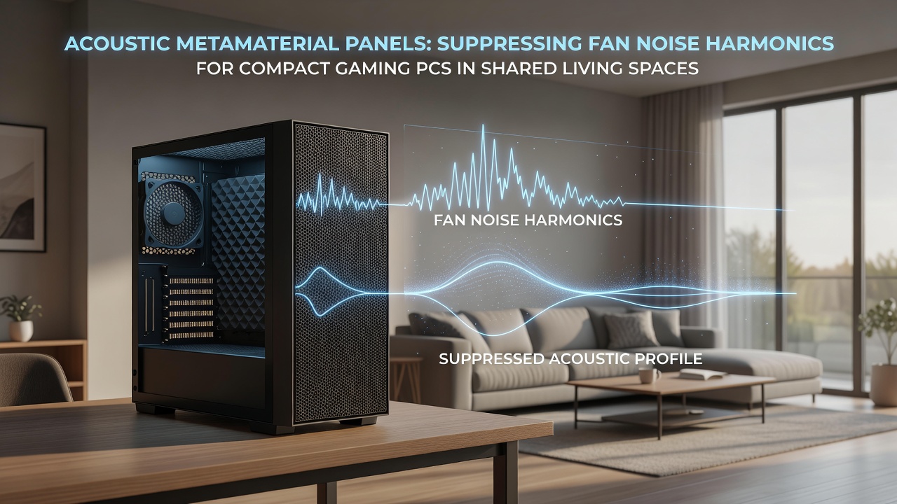 Acoustic metamaterial panel fitted inside a compact gaming PC case near multiple cooling fans
