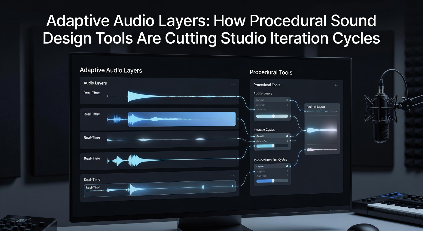 Studio engineers working with procedural audio interfaces showing adaptive layers in a game development environment