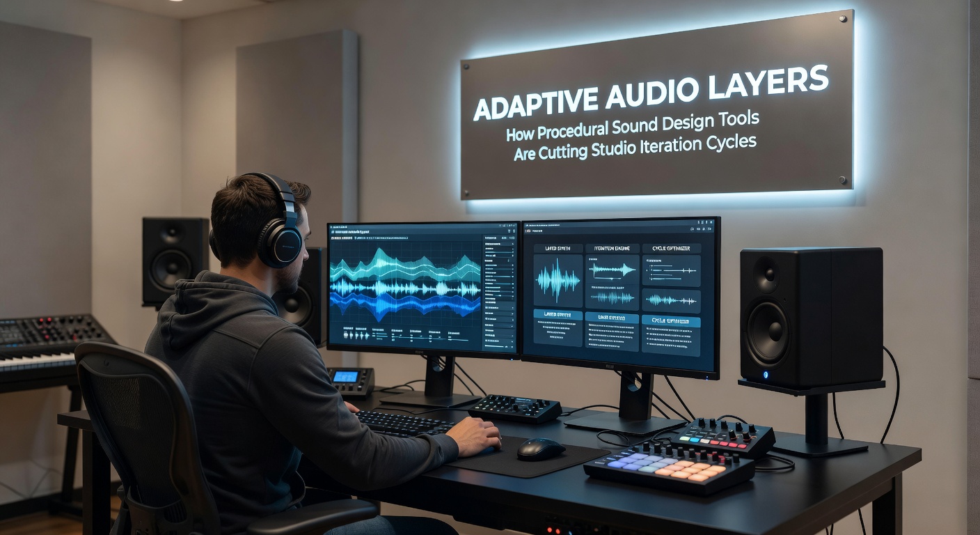 Close-up of adaptive audio software displaying procedural layer controls and real-time parameter adjustments