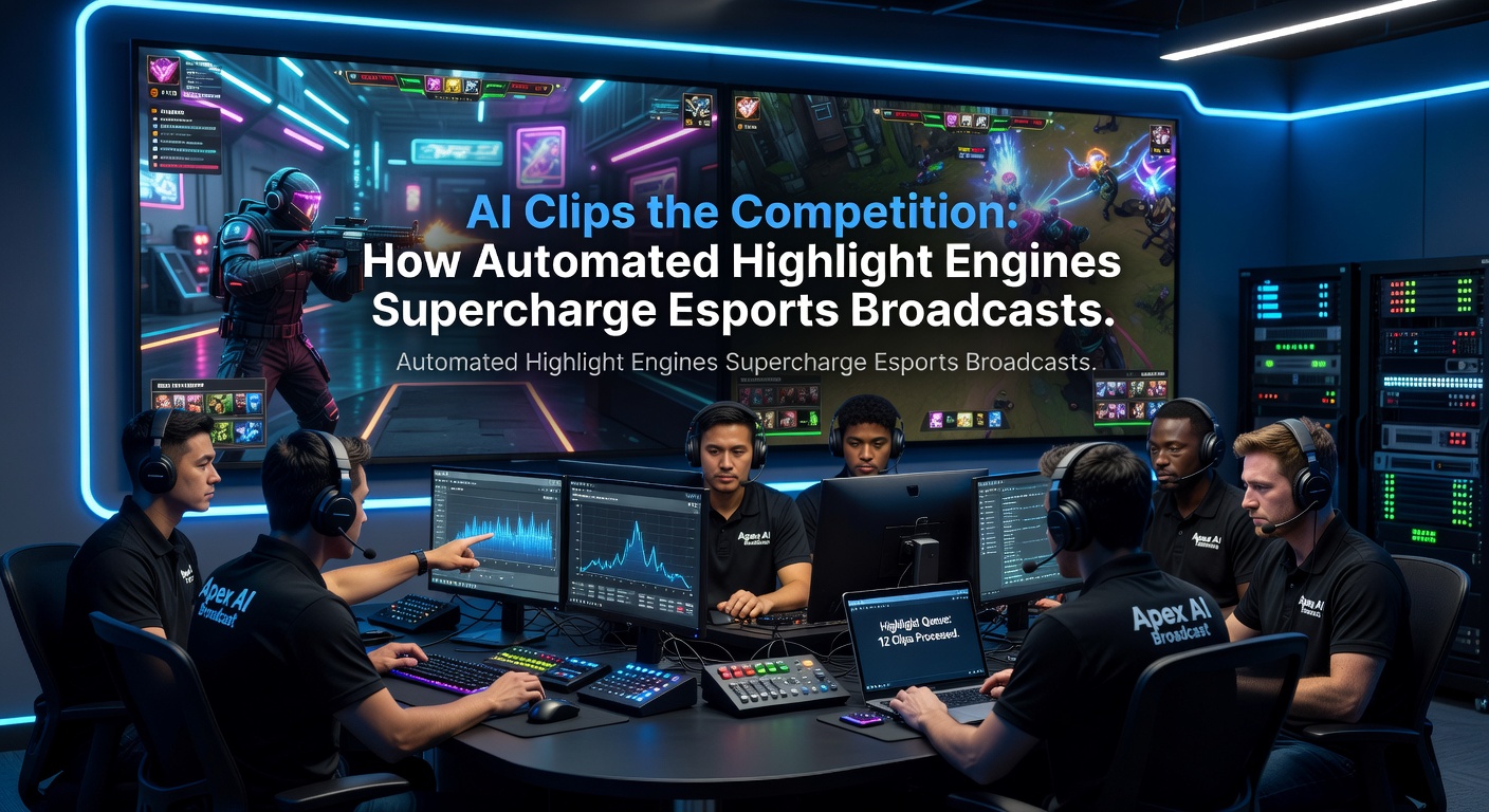 Animated graphic showing AI algorithms scanning esports footage to generate instant highlight clips of key moments like kills and objectives