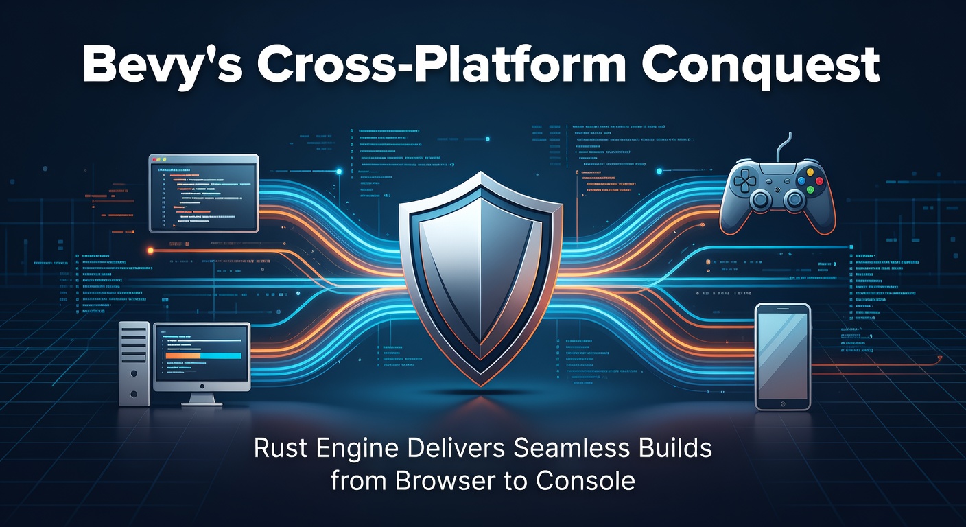 Screenshot of Bevy engine interface displaying seamless cross-platform build targets from web browser to console hardware