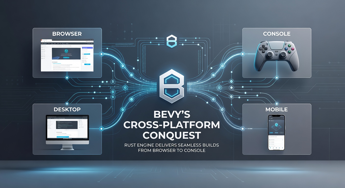 Developer dashboard in Bevy showing build pipeline from WASM web target to console SDK integration, with performance graphs overlaid