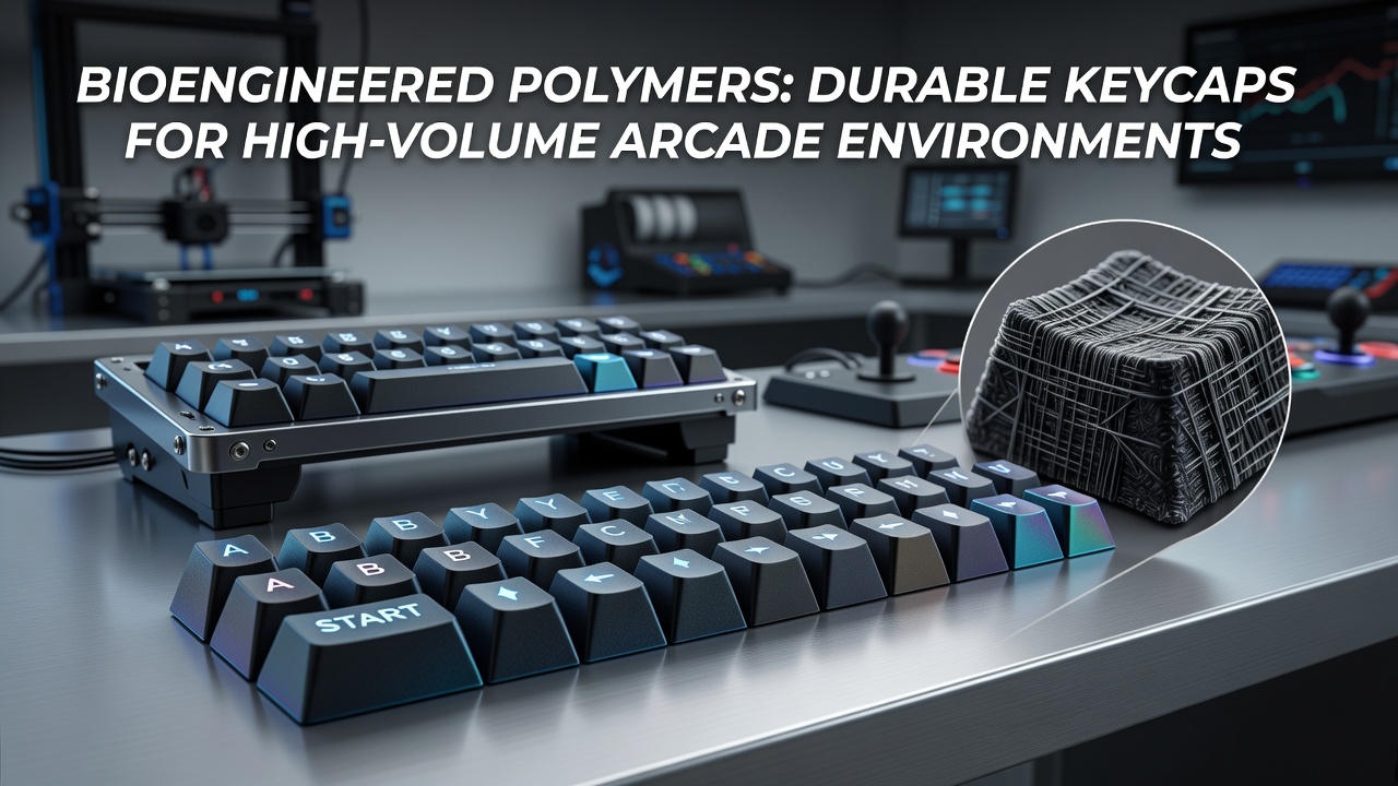 Close-up view of bioengineered polymer keycaps installed on an arcade machine control panel showing smooth texture and reinforced edges