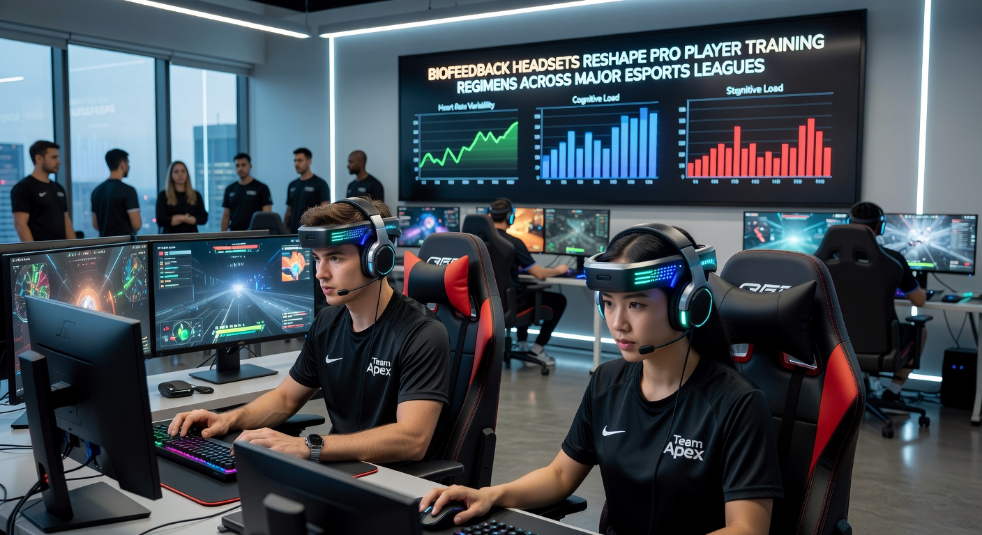 Pro esports player wearing a biofeedback headset during a focused training session with real-time physiological data displayed on nearby monitors