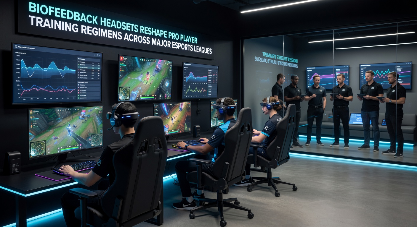 Coaching staff reviewing synchronized biofeedback graphs and gameplay footage on a large display during an esports team meeting