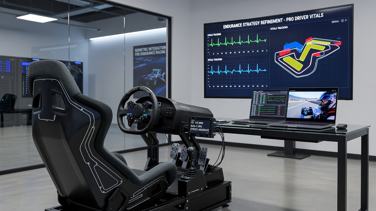 Biometric sensor grid embedded in a professional sim racing rig seat showing heart rate and respiration monitoring during an endurance session