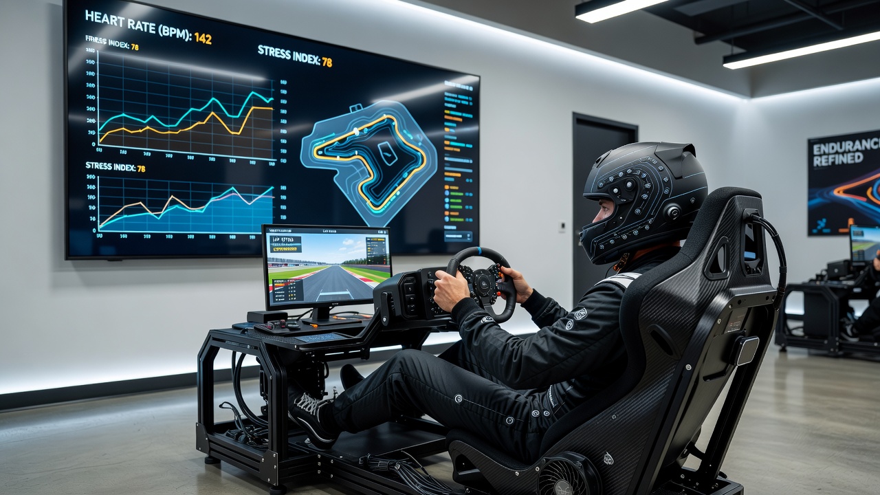 Team analysts reviewing live biometric data feeds from multiple drivers during a 12-hour sim racing endurance event