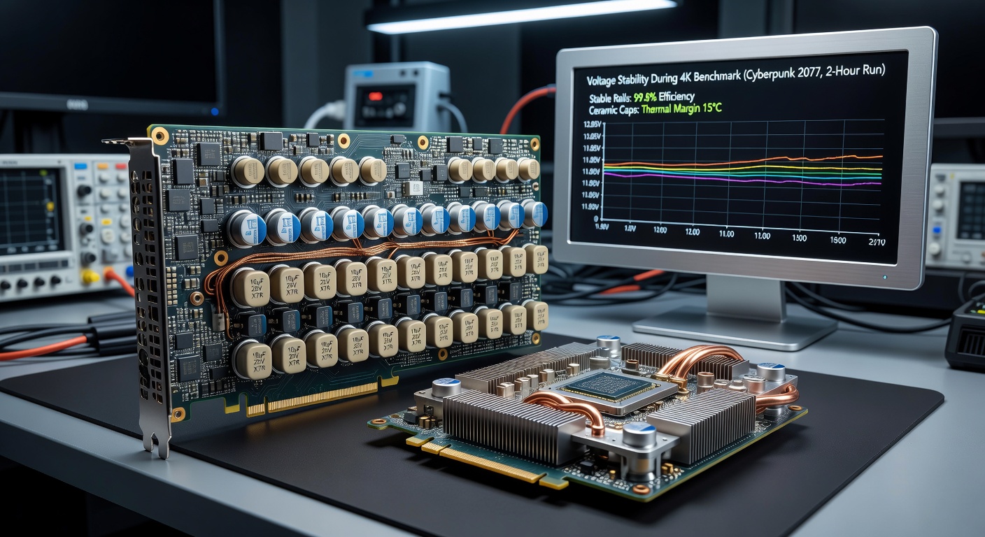 Close-up view of ceramic capacitors mounted on a high-performance graphics card PCB near voltage regulator modules