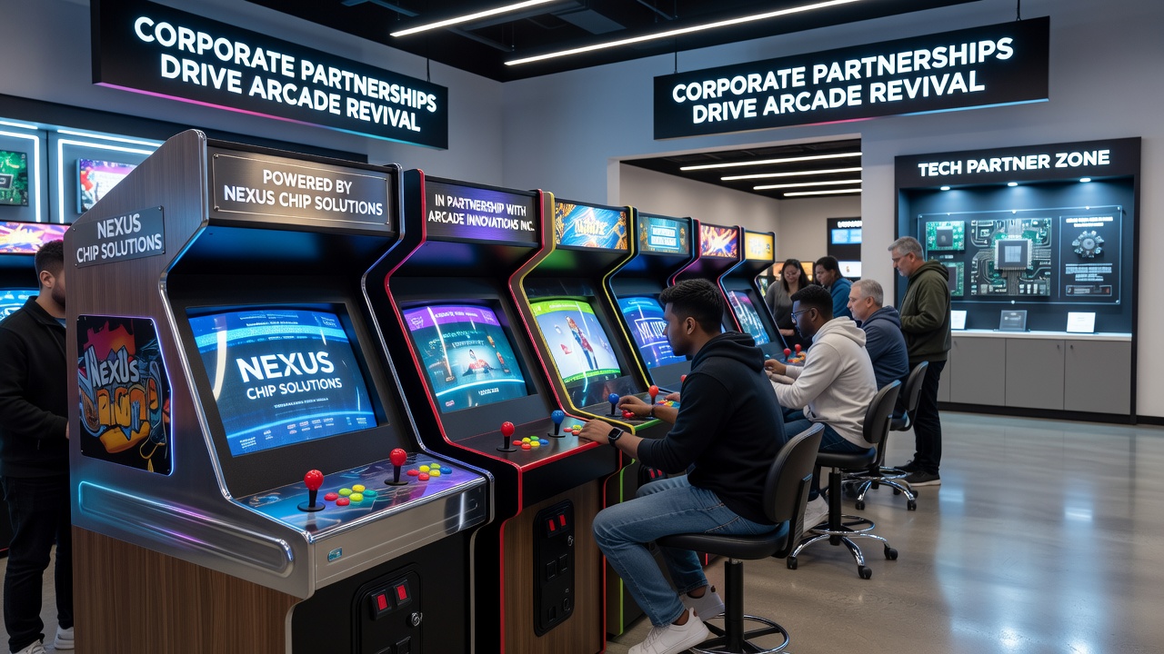 Technicians installing new chipsets into arcade cabinets during a venue upgrade