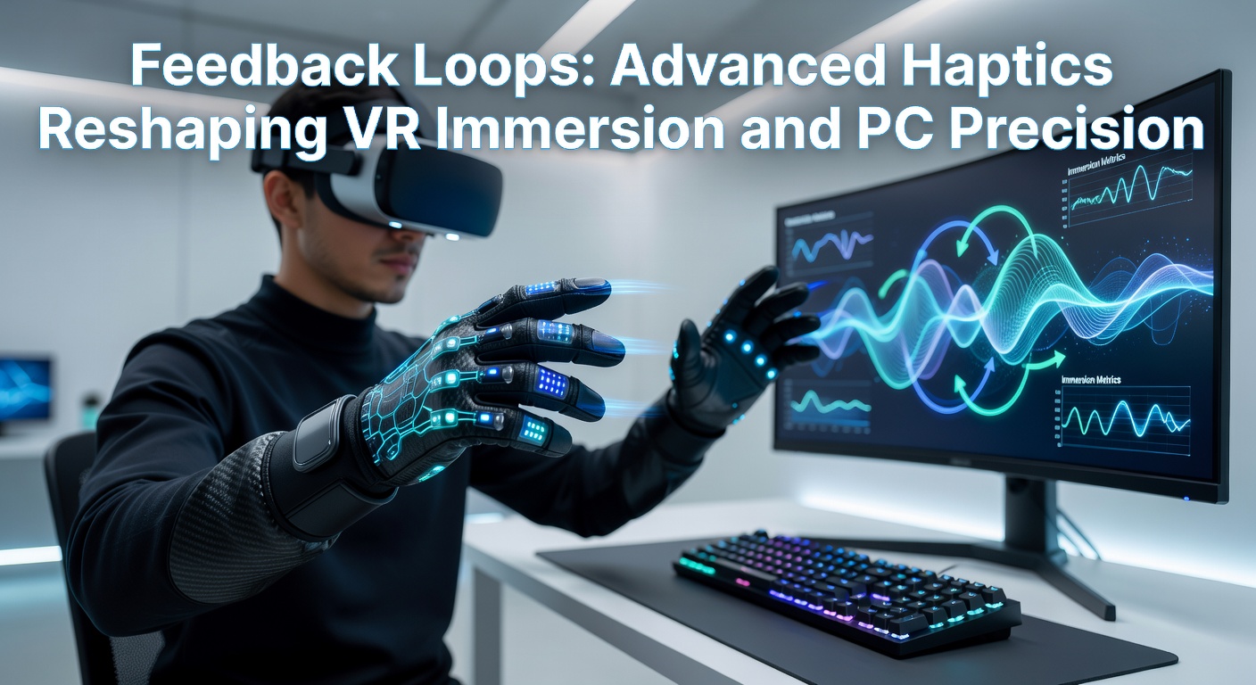 Close-up of a haptic feedback glove interacting with a virtual object in VR, showing subtle vibrations and force resistance on fingers