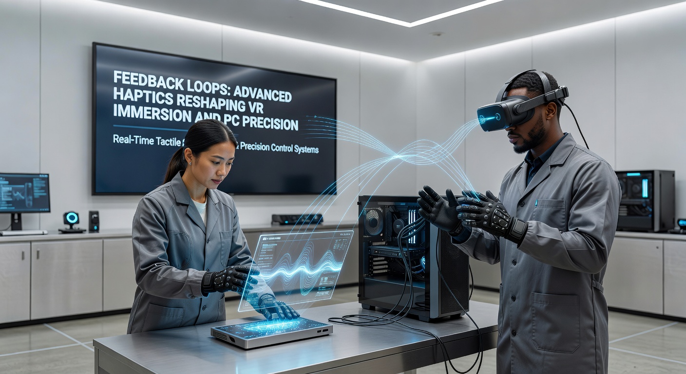 Gamer at a PC setup using a haptic mouse and keyboard, with glowing feedback indicators simulating recoil and texture during a first-person shooter session