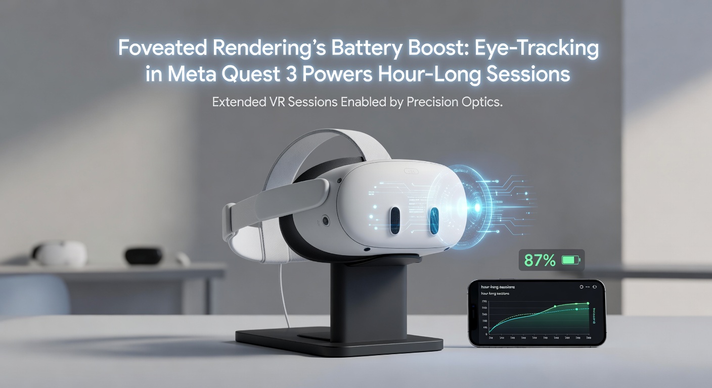 Meta Quest 3 headset in action, showcasing eye-tracking visuals with foveated rendering zones highlighted in a high-res VR environment