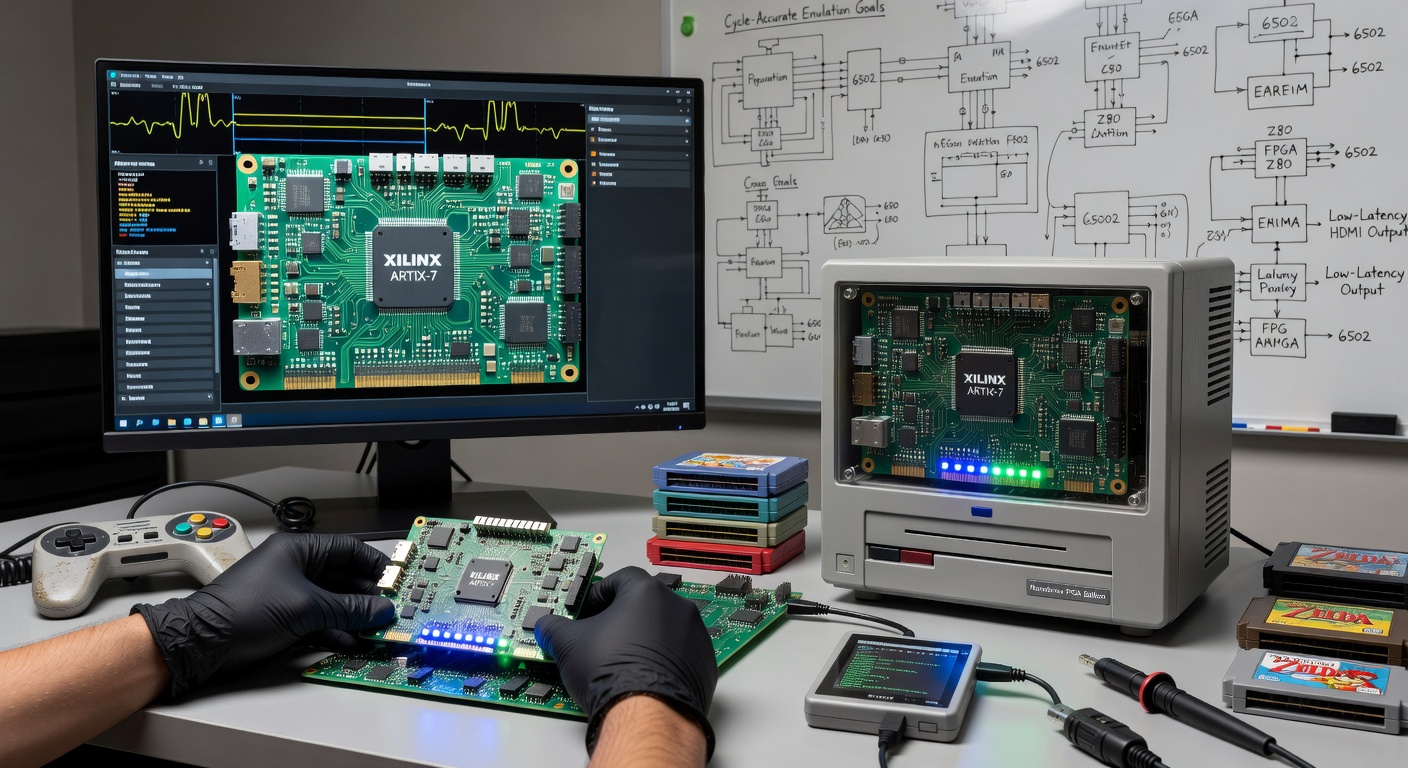 Homebrew FPGA console recreation running classic game titles with custom controller input and modern display connection