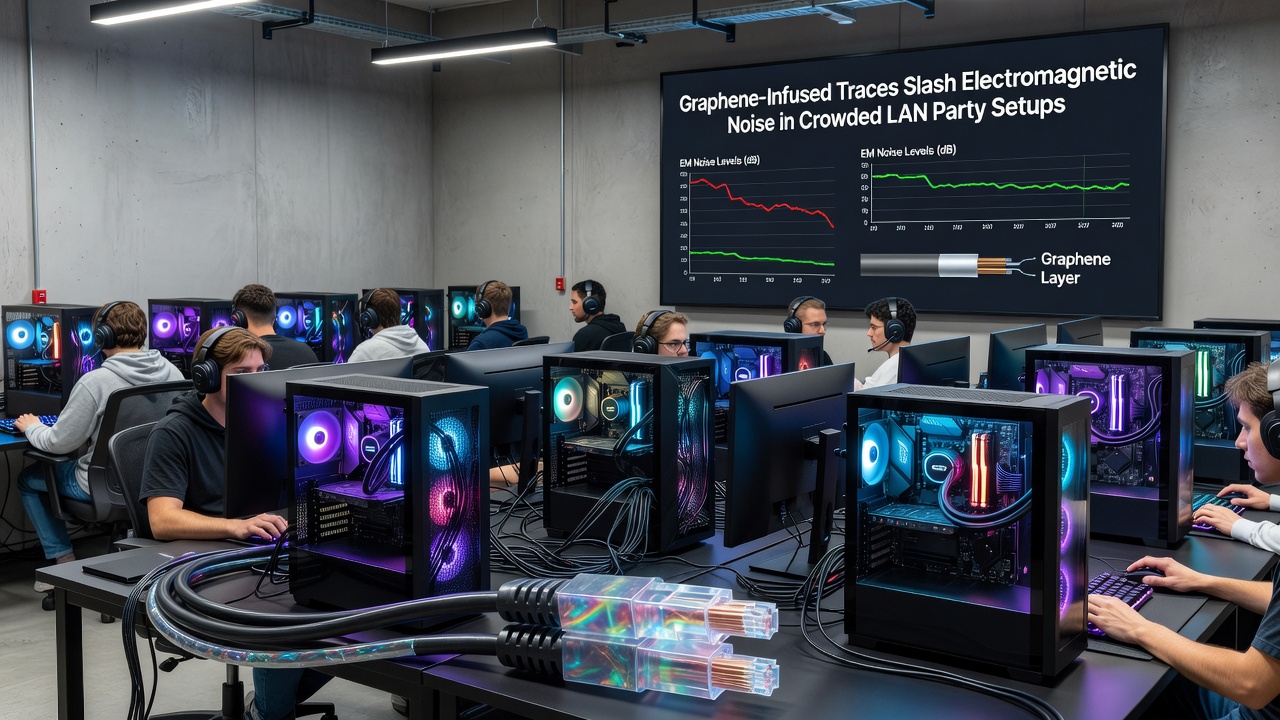 Wide shot of a crowded LAN party venue showing rows of gaming PCs connected via graphene-enhanced cabling