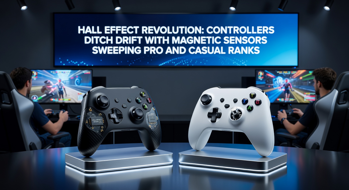 Professional esports player intensely competing in a tournament using a Hall effect controller, screen showing precise analog input graphs in real-time