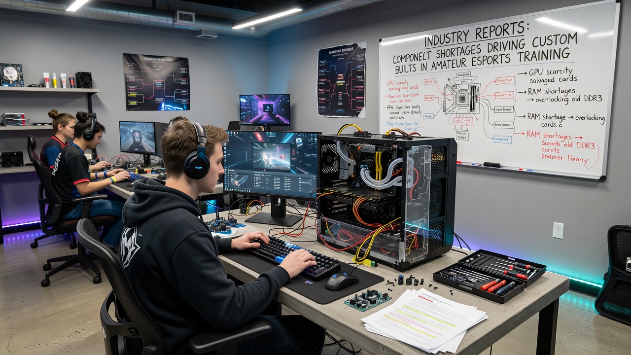 Technicians assembling custom esports PCs with available components in a workshop setting