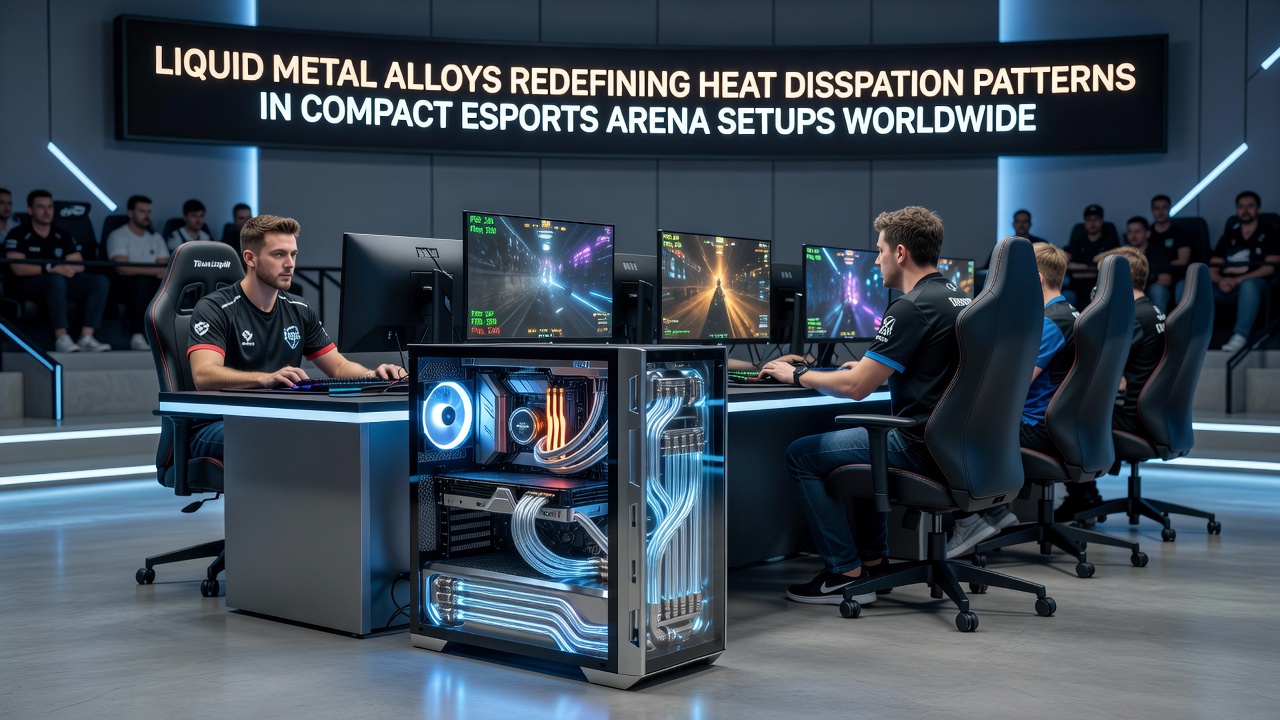 Technicians installing liquid metal alloy cooling loops in a high-density esports competition rack