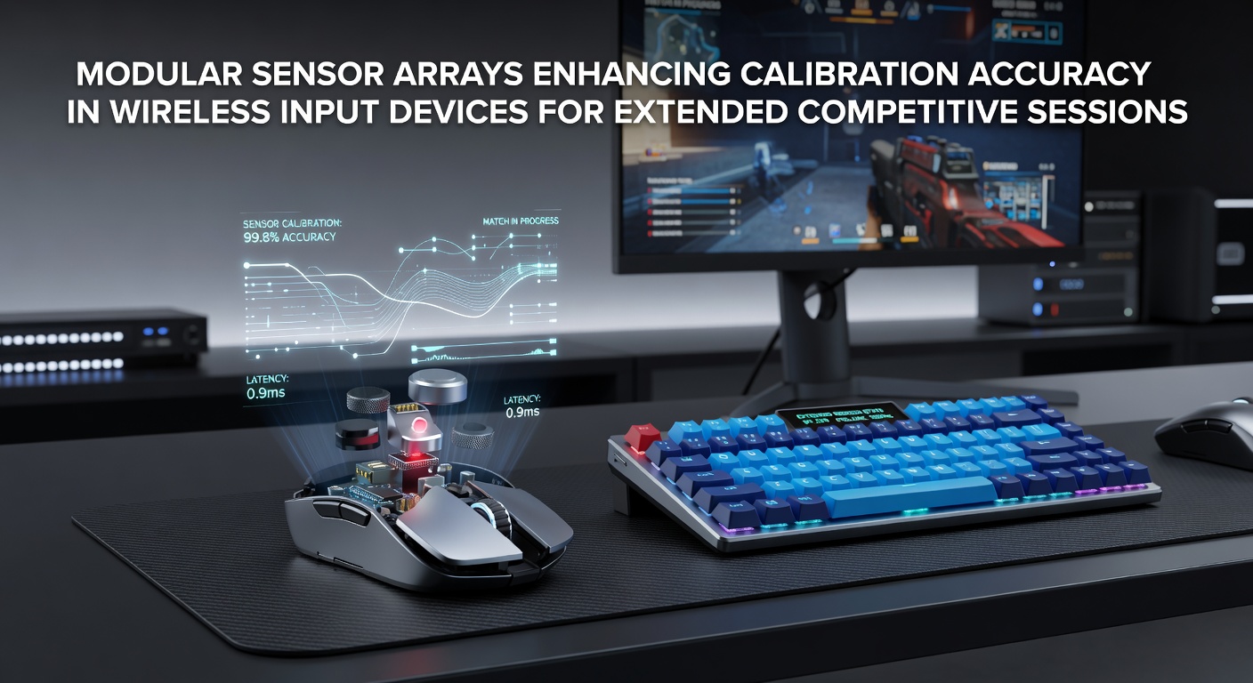 Close-up of modular sensor array components integrated into a wireless gaming mouse showing calibration modules and wireless transmitter