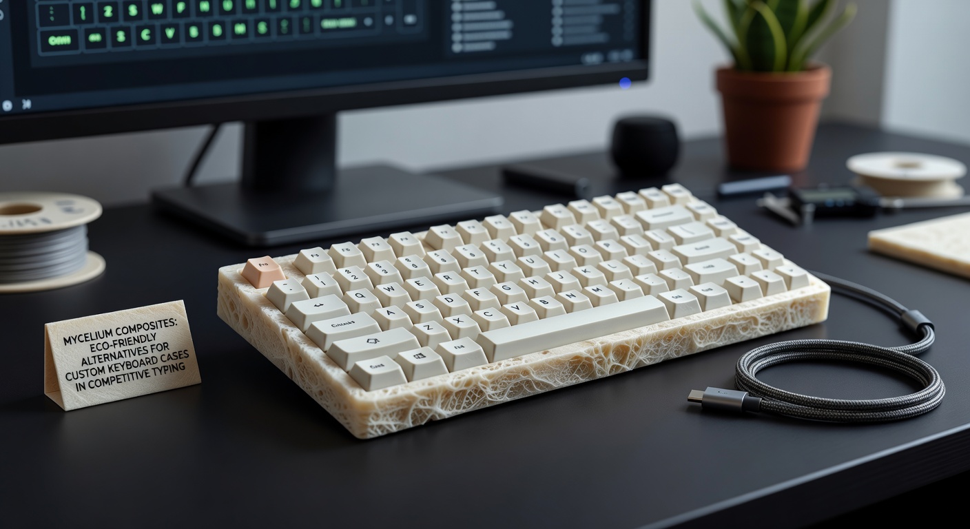 Competitive typist using a custom keyboard with mycelium composite case during a timed accuracy event