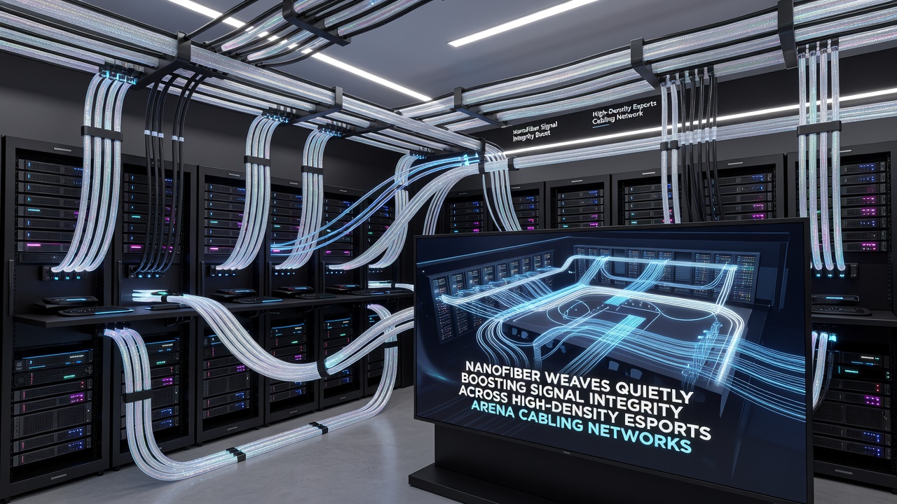Close-up view of nanofiber weave integrated into high-density esports arena cabling showing intricate fiber structure for signal protection