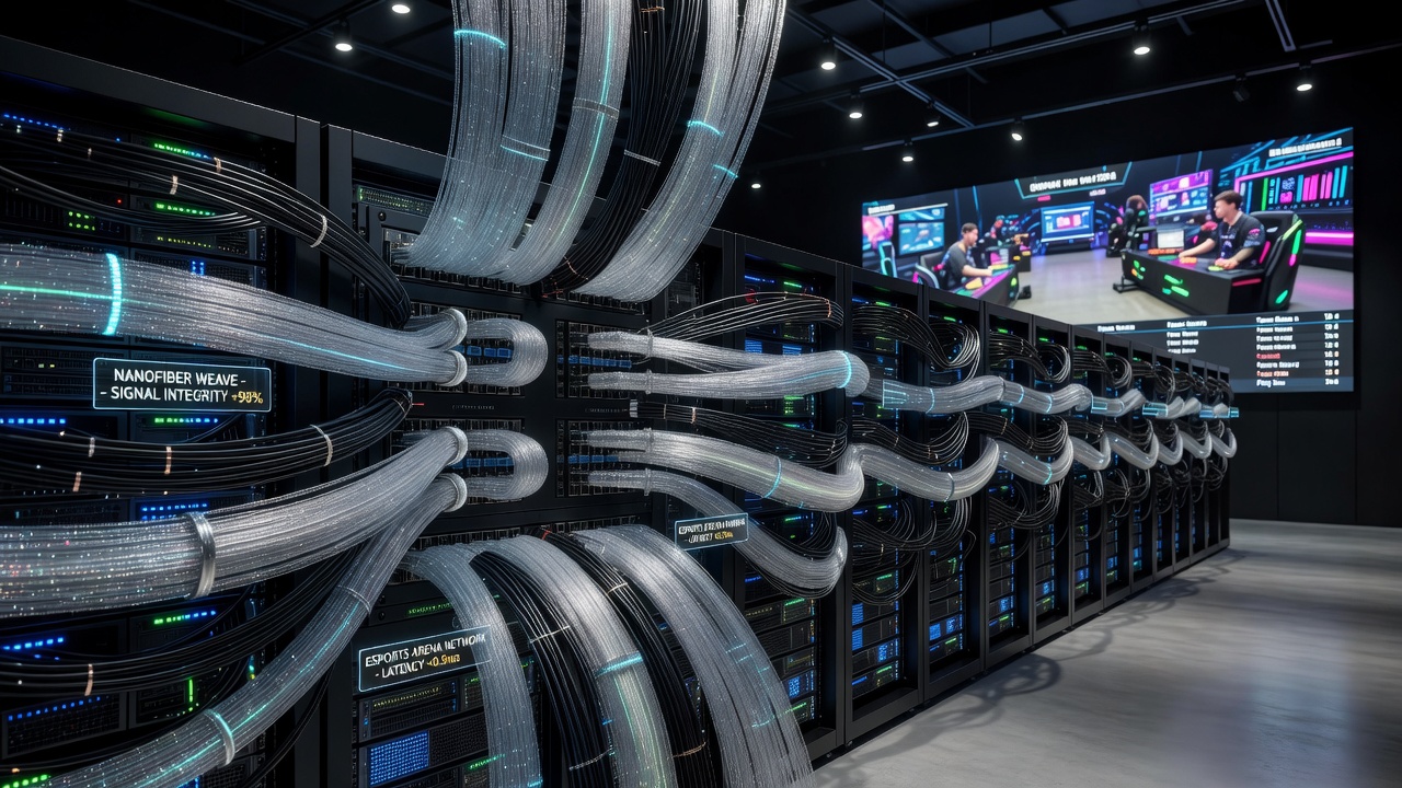 Technicians installing nanofiber-woven cables in an esports arena network rack with dense connections visible