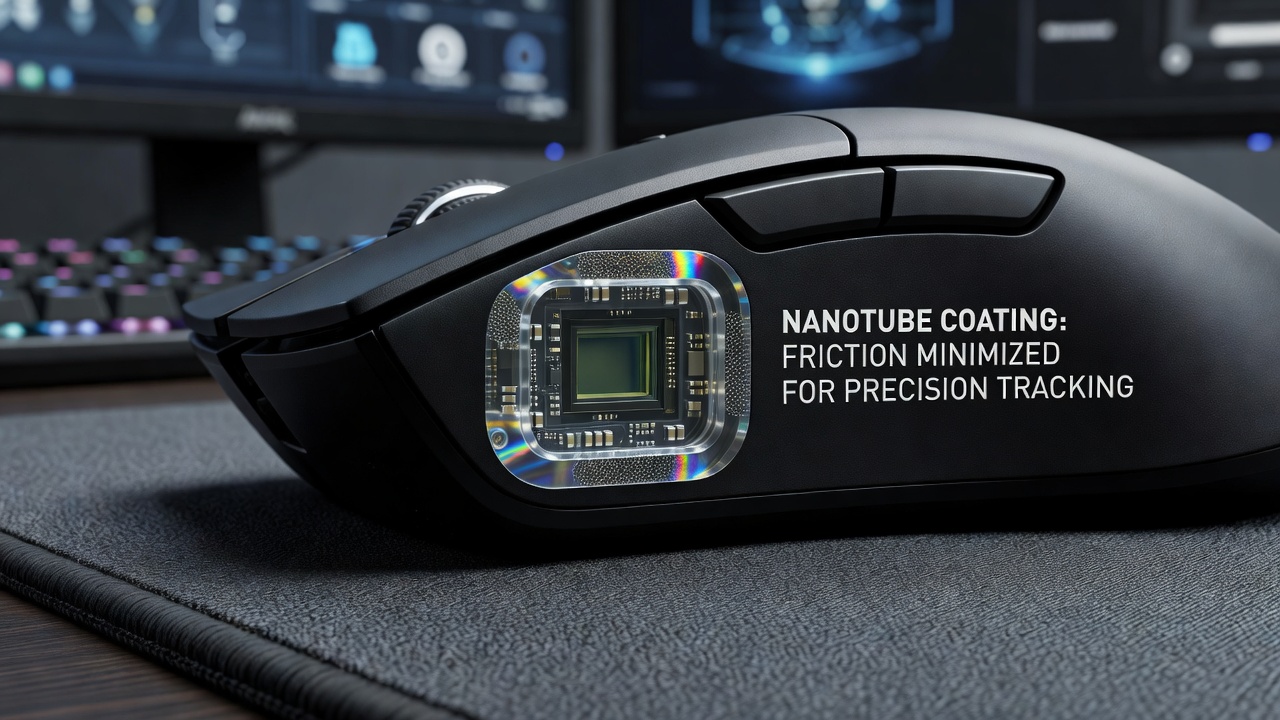 Close-up view of a gaming mouse sensor surface treated with carbon nanotube coating, showing smooth texture under magnification