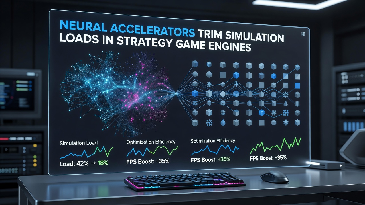 Strategy game engine dashboard displaying reduced simulation load metrics after neural accelerator deployment