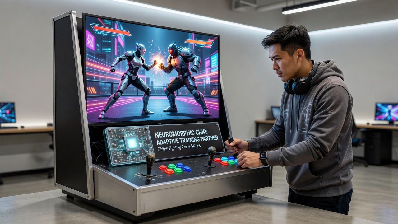 Neuromorphic chip integrated into a fighting game arcade cabinet setup for adaptive AI training