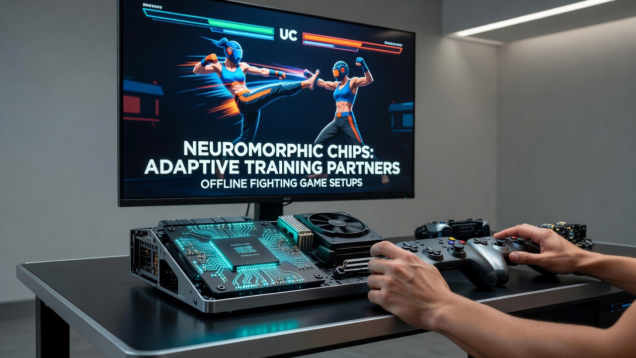 Close-up of neuromorphic processing unit connected to fighting game controller inputs during a training session