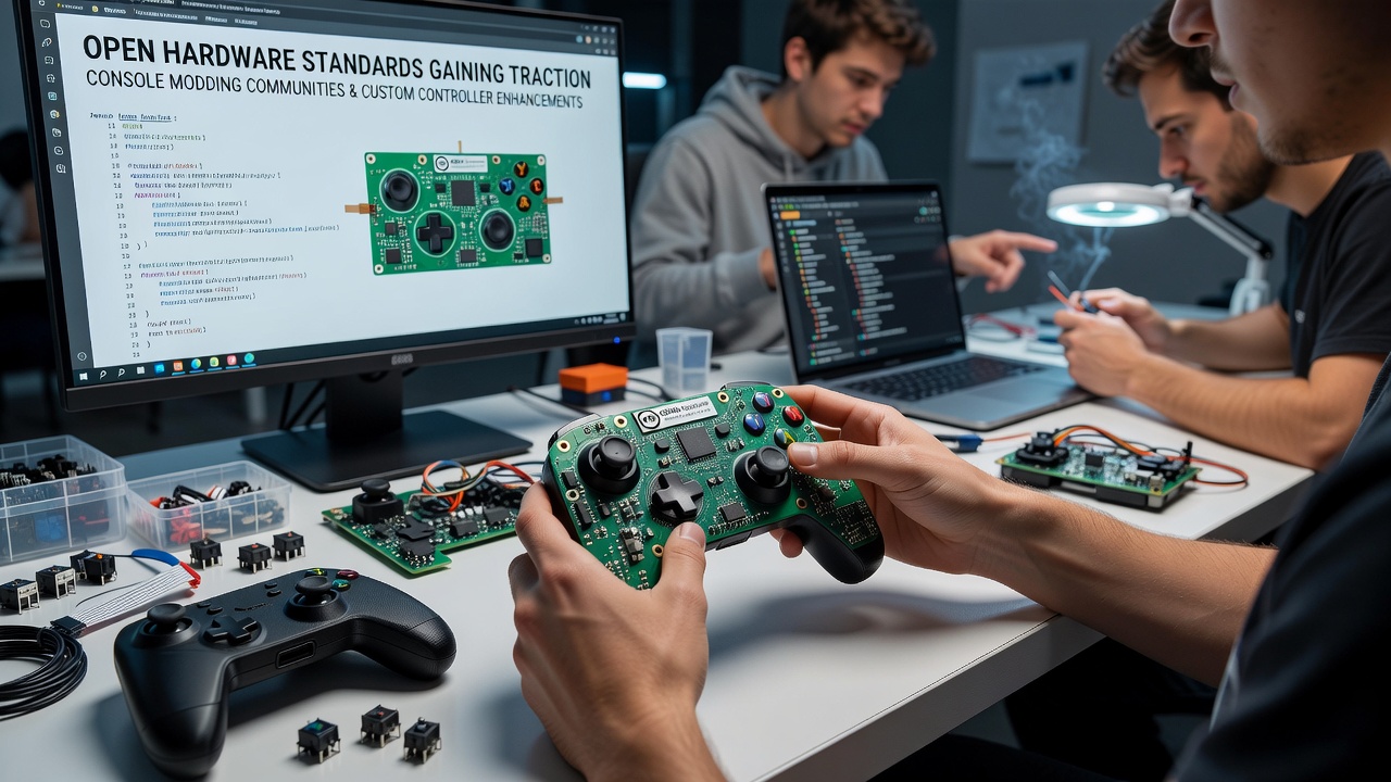 Community members assembling custom controllers using open hardware components at a modding workshop
