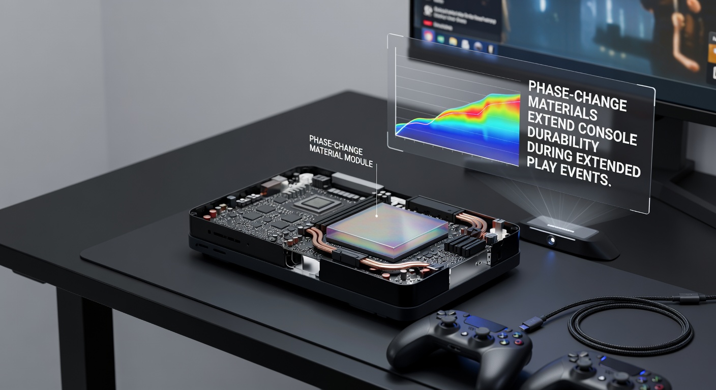 Cross-section diagram showing phase-change material layers integrated into console heat sinks for thermal management during prolonged gaming sessions