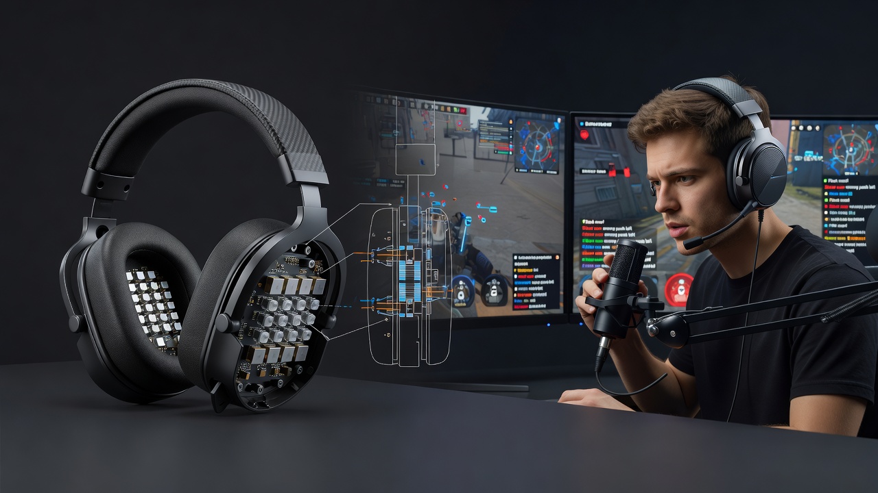 Close-up of piezoelectric actuator array embedded in a professional esports headset