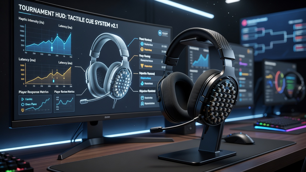 Esports player wearing a tournament headset equipped with piezoelectric actuators during a coordination call