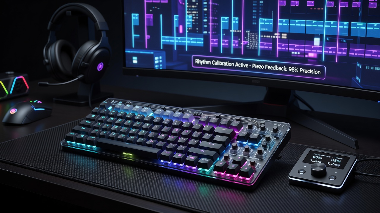 Professional esports player using a piezoelectric-enhanced keyboard during a live rhythm game tournament