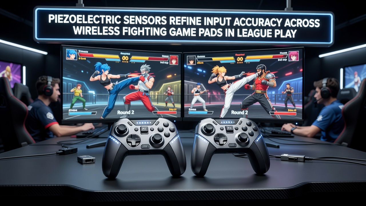 Wireless fighting game controller undergoing calibration testing with piezoelectric sensor readouts displayed on connected diagnostic equipment