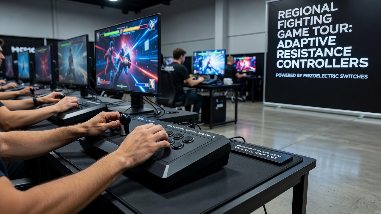 Tournament setup showing players using piezoelectric adaptive resistance controllers during a fighting game bracket match