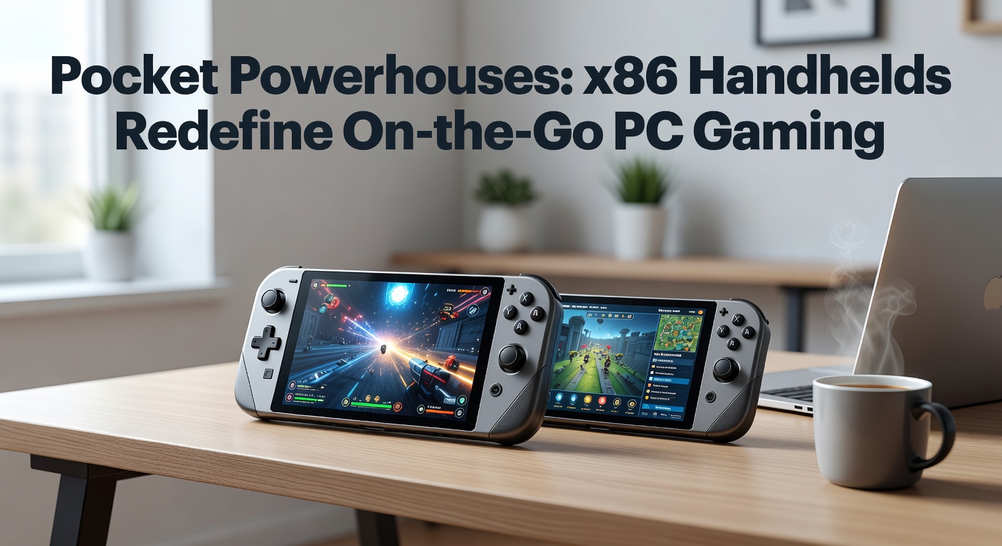 A compact x86 handheld gaming PC displaying a high-fidelity AAA title at smooth frame rates, highlighting its portable design and vibrant OLED screen