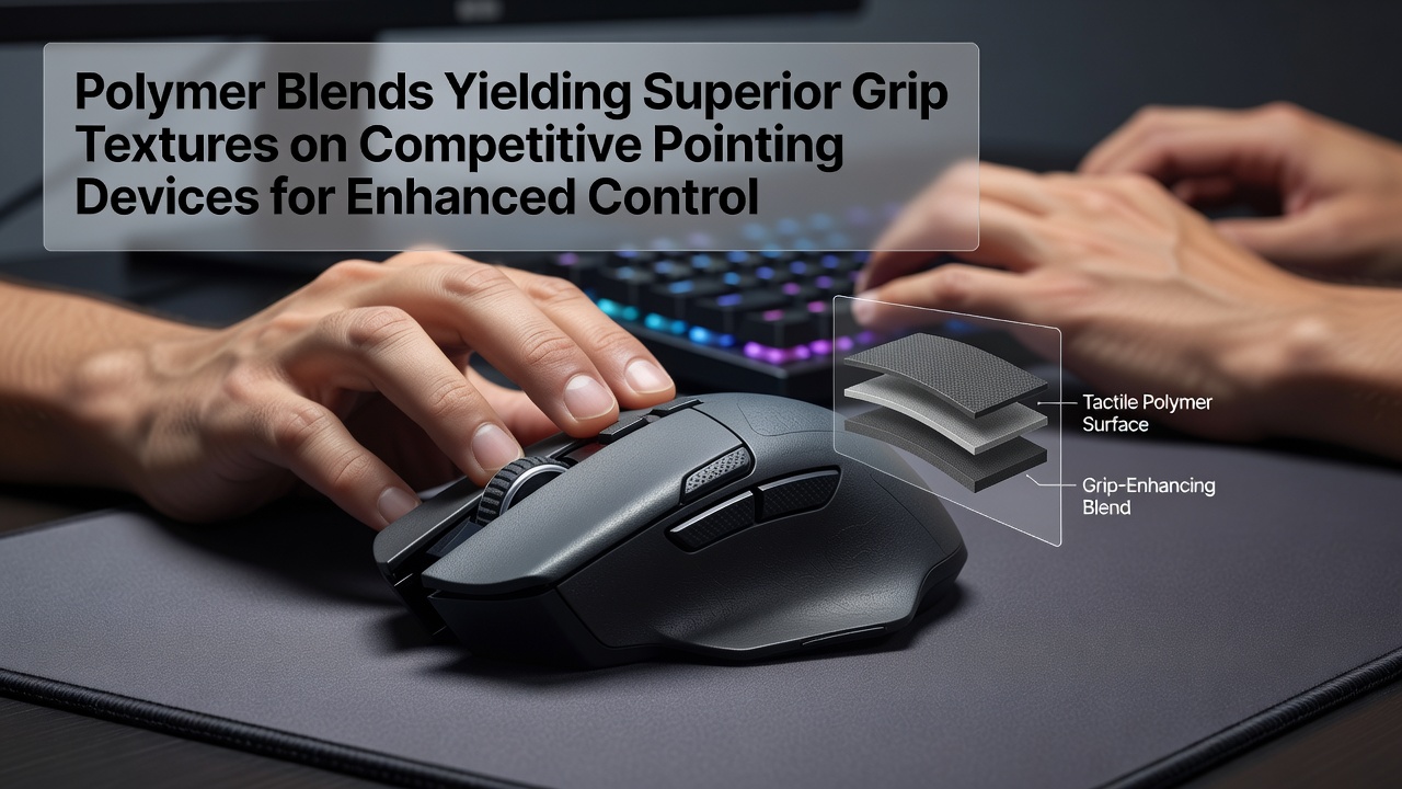 Close-up view of a competitive gaming mouse featuring advanced polymer blend grip textures designed for enhanced control during esports tournaments