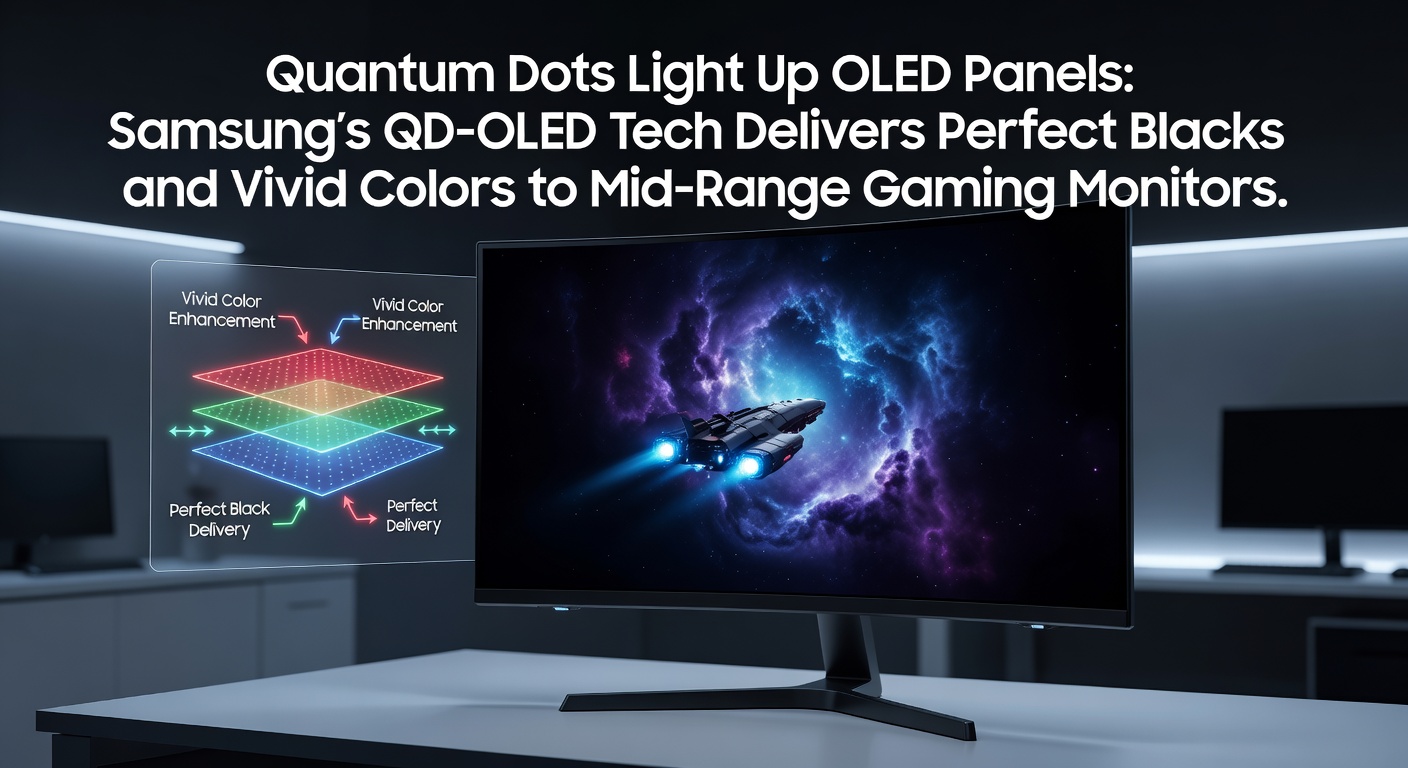 Close-up of a vibrant Samsung QD-OLED gaming monitor displaying sharp, colorful game graphics with deep black levels
