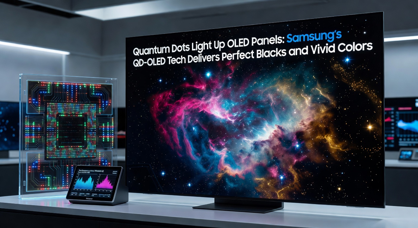 Samsung QD-OLED production line showing panels under testing with vibrant color calibration charts
