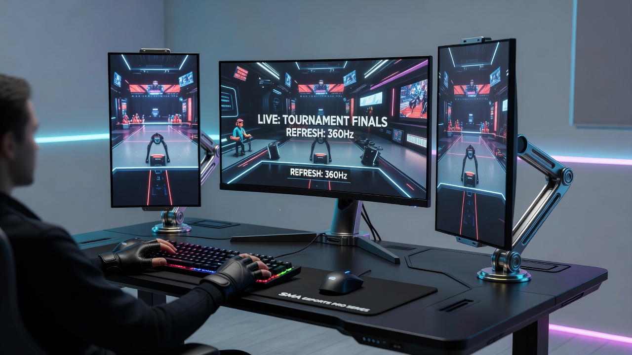 Esports arena stage featuring multiple high-refresh-rate displays mounted with adaptive shape-memory alloy systems