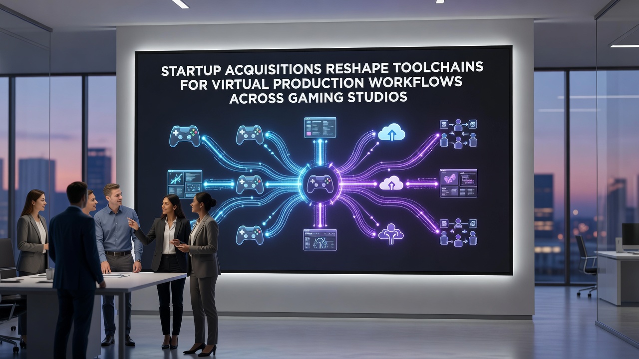 Gaming studio teams integrating new virtual production software tools on large LED stages during a June 2026 workflow review