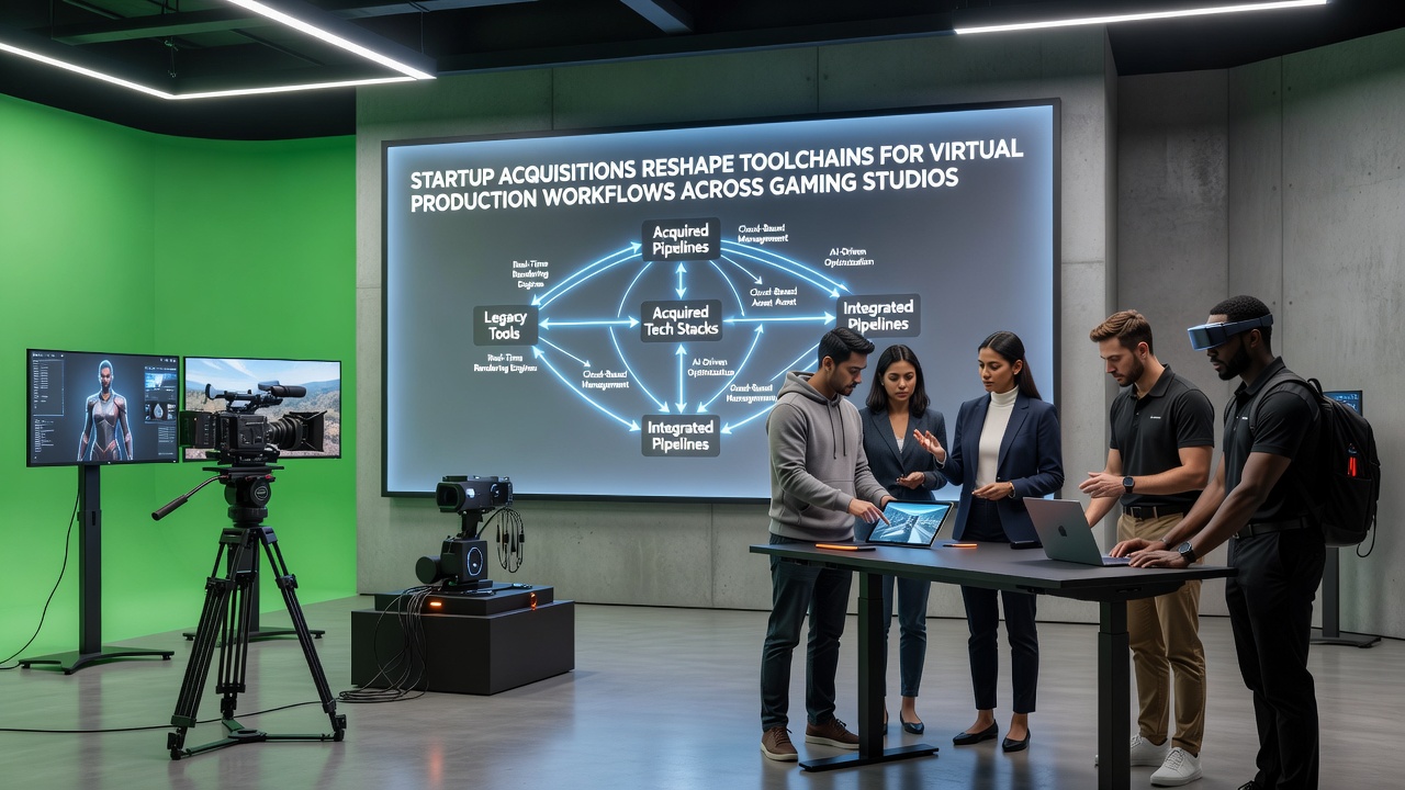 Close-up view of technicians calibrating virtual production LED volumes connected to integrated acquisition-driven software suites