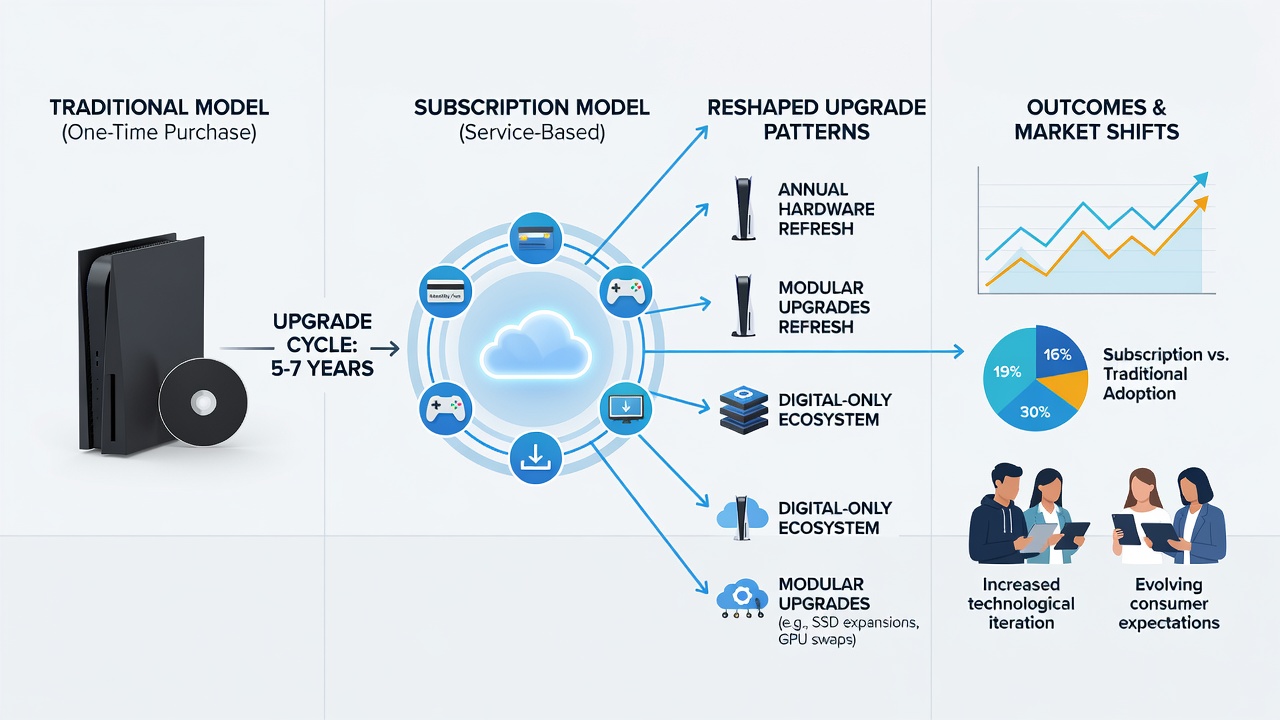Console hardware and subscription service icons illustrating shifting upgrade cycles in gaming markets