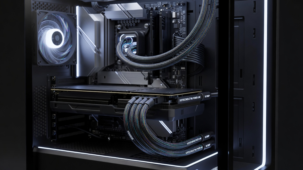 High-performance PC build featuring superconducting cables integrated with GPU and power supply components under load testing