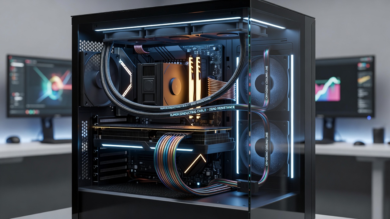 Close-up view of superconducting cable connections linking power supply unit to graphics card with cooling apparatus visible