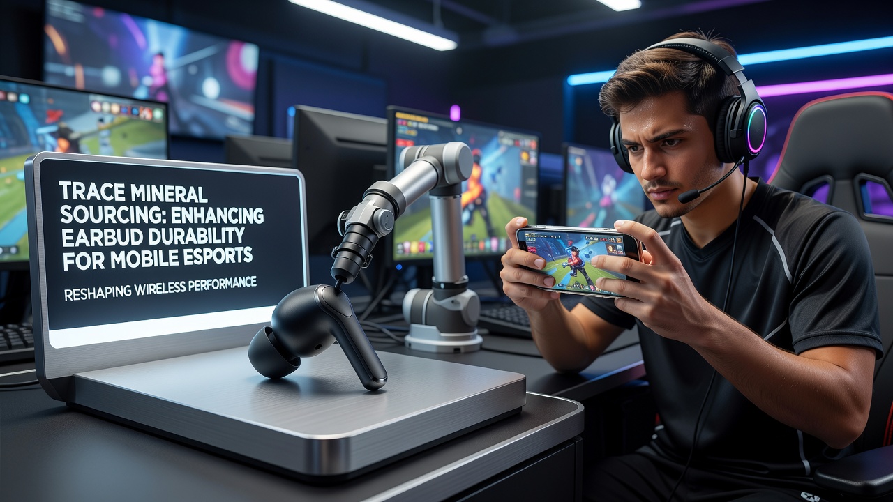Close-up of wireless earbud components highlighting trace mineral integration in batteries and circuits for enhanced esports durability